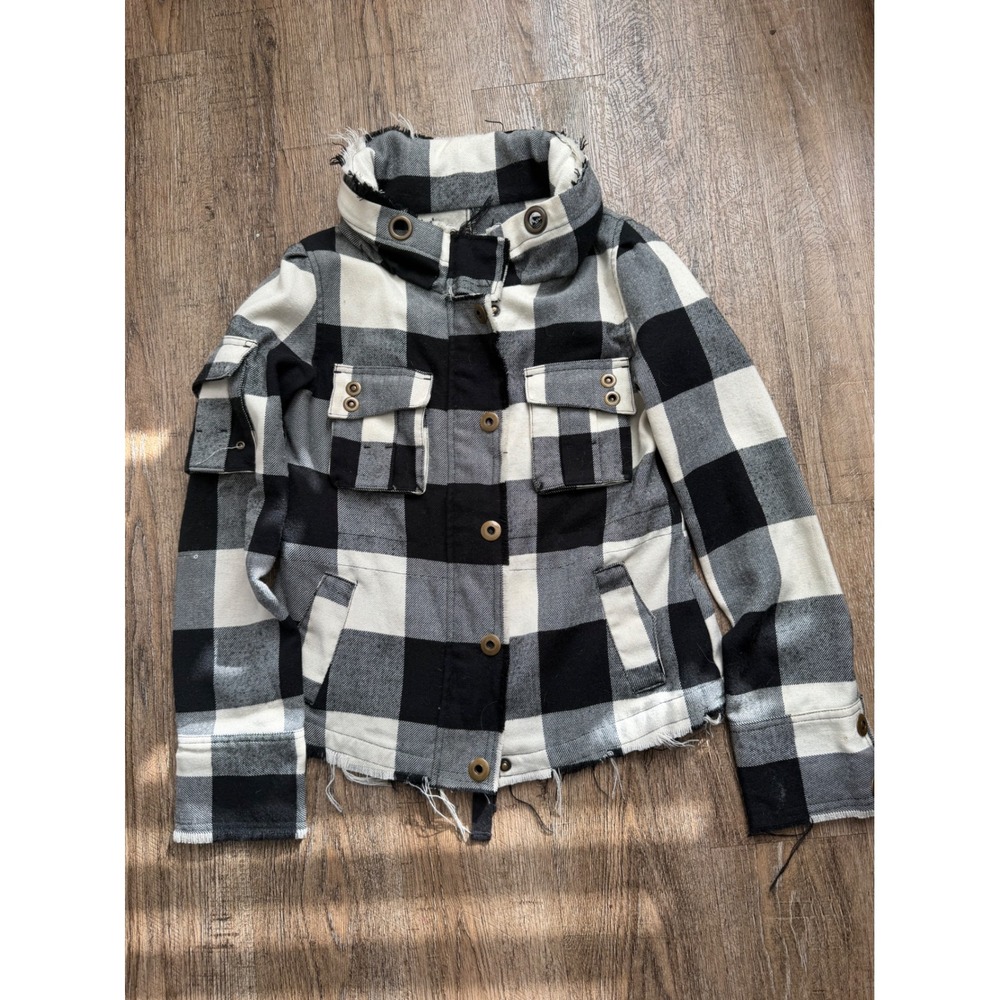 BB Dakota Buffalo Plaid Utility Jacket Black White Wool Blend Frayed Hem‎ Medium
